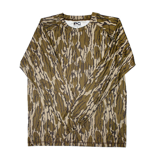 Pursuit Gear long sleeve polyester camo shirt in a woodland pattern with a crew neck and moisture-wicking fabric.