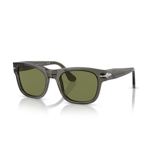 Persol PO3269S sunglasses with a translucent grey acetate frame, green lenses, and the signature silver Arrow hinge.