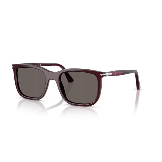 Persol PO3357S sunglasses in deep burgundy acetate with dark grey lenses and signature silver arrow temple hinges.