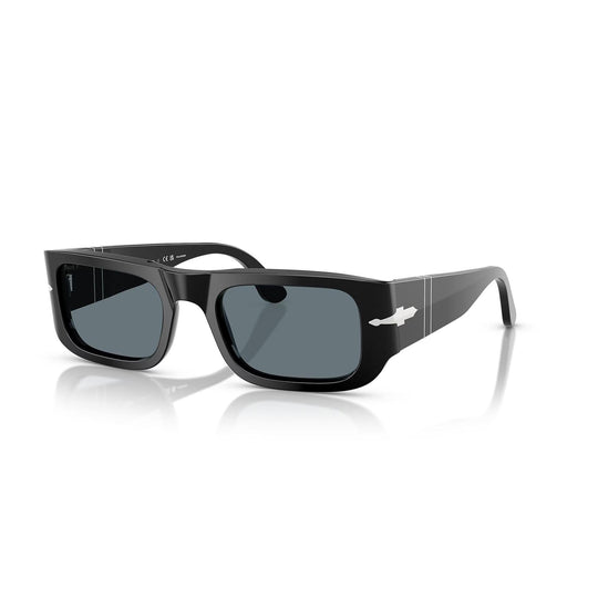 Persol PO3362S polarized sunglasses featuring a glossy black rectangular acetate frame and signature silver arrow hinges.