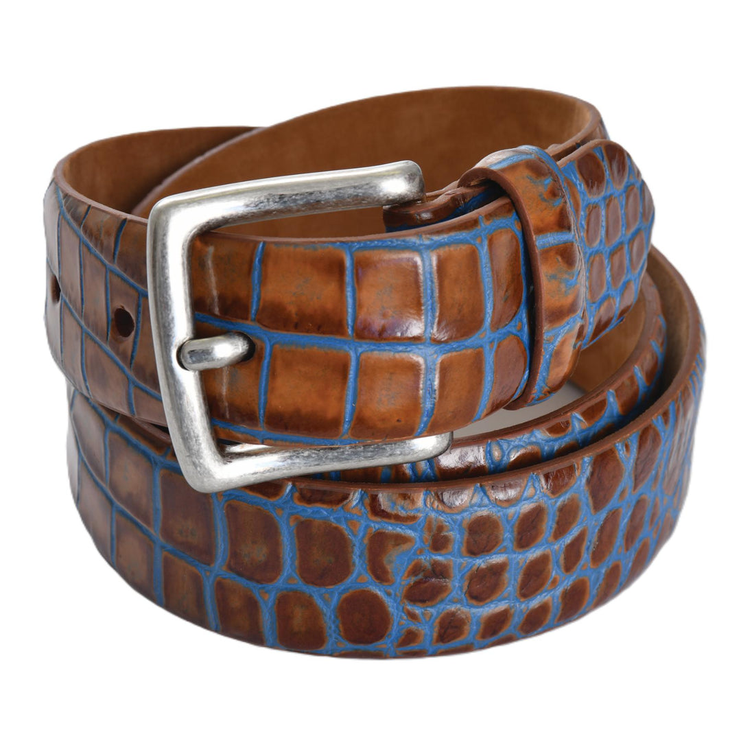 1 3/8" two-tone brown and blue embossed crocodile calf leather belt with a silver buckle.
