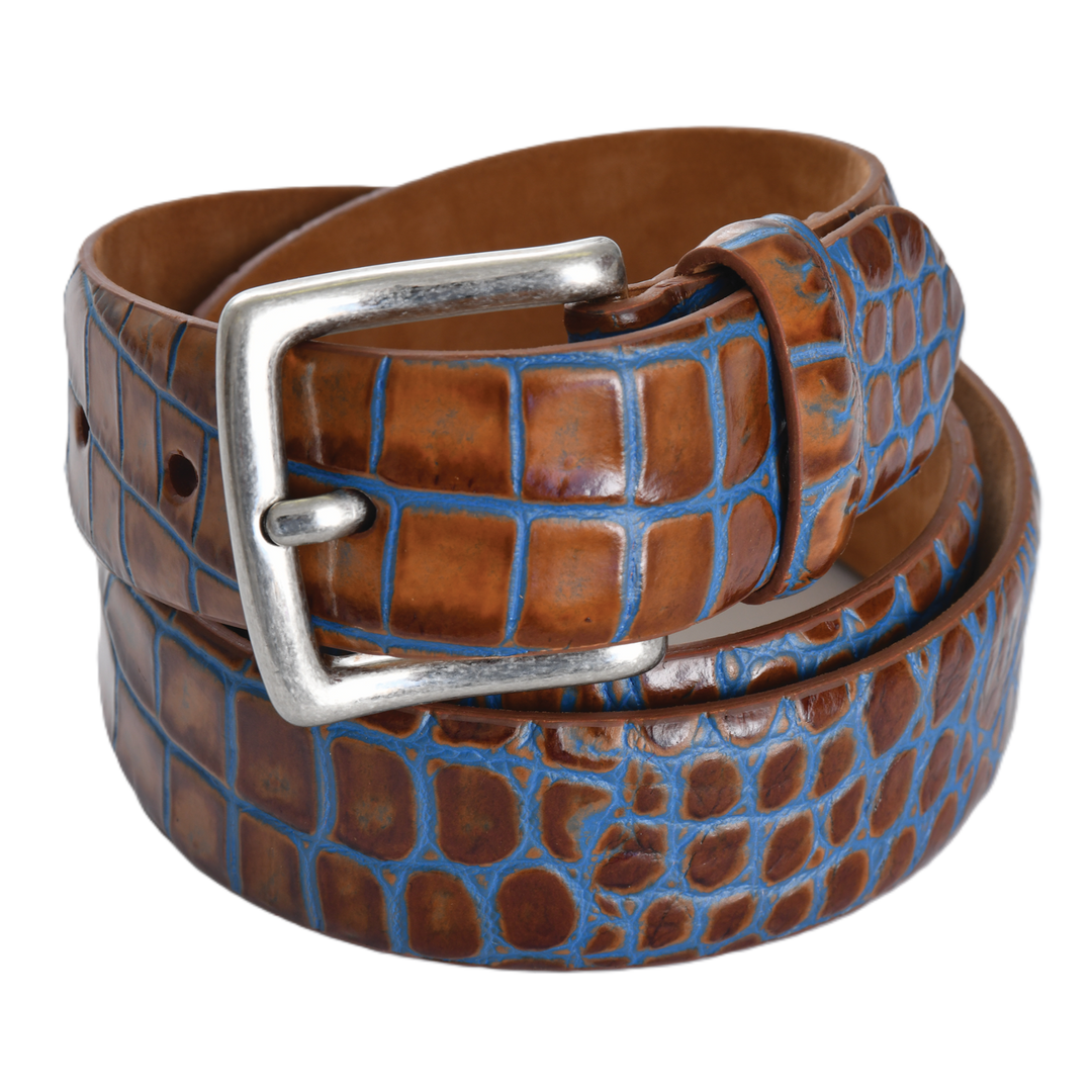 1 3/8" brown and blue two-tone embossed crocodile calf leather belt with a silver buckle.