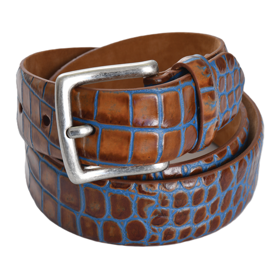 1 3/8" brown and blue two-tone embossed crocodile calf leather belt with a silver buckle.