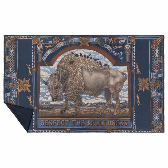 Navy blue cashmere stole featuring a central bison illustration, folk art motifs, and the text Respect the Wilderness.