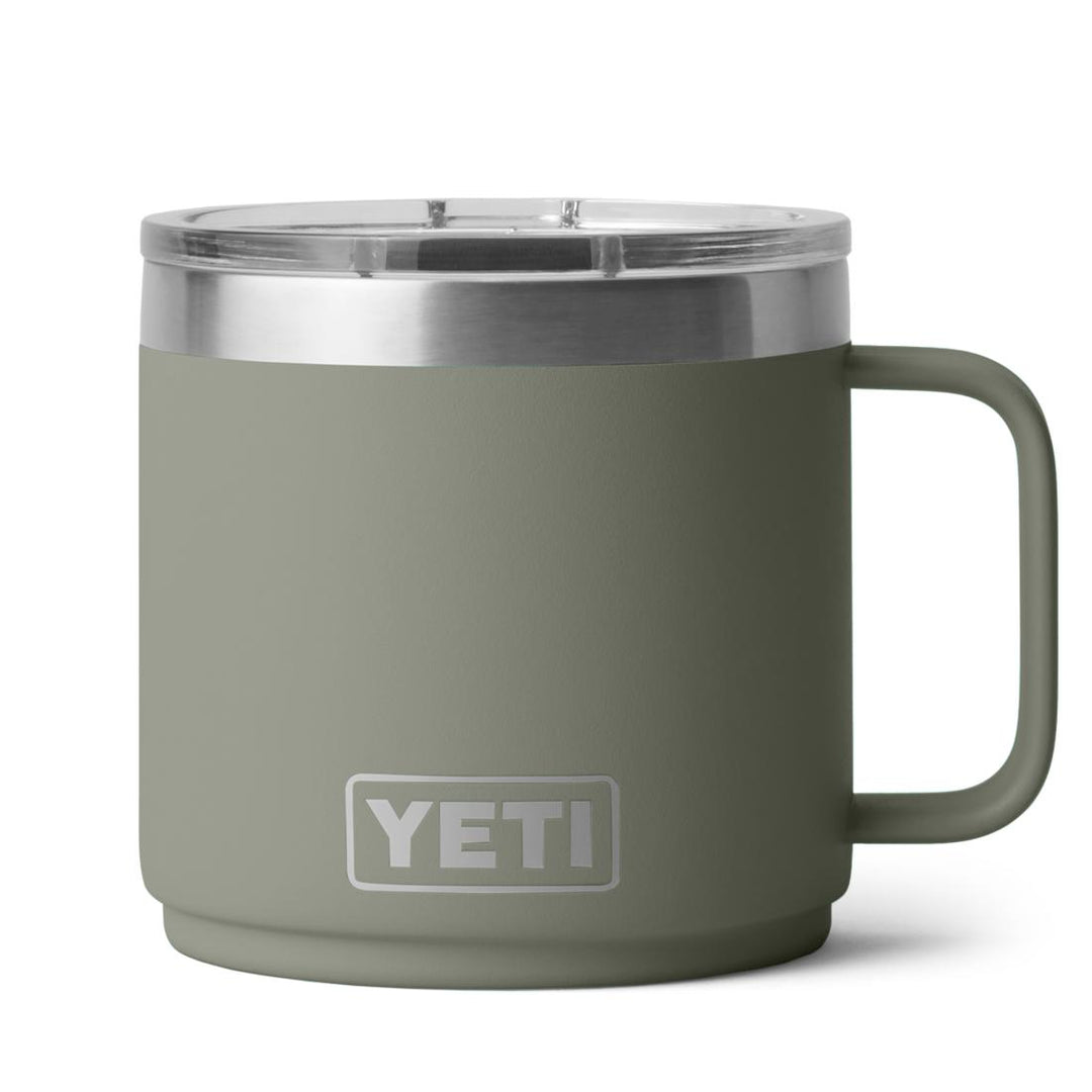 Olive green YETI Rambler 14 oz ceramic-lined mug with a stainless steel handle and clear MagSlider lid.