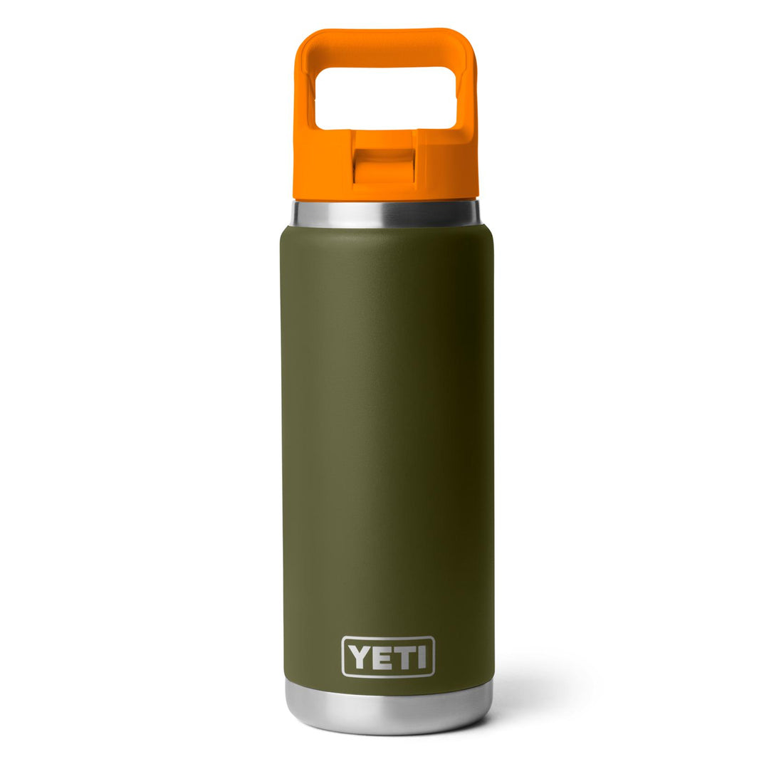 Olive green 26 oz YETI Rambler water bottle with an orange straw cap and TripleHaul handle on a white background.