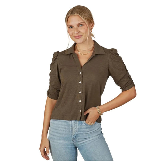 Erin Gray Grace Button-Up Elbow-Length Tee