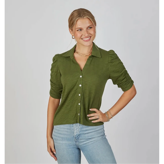 Erin Gray Grace Button-Up Elbow-Length Tee