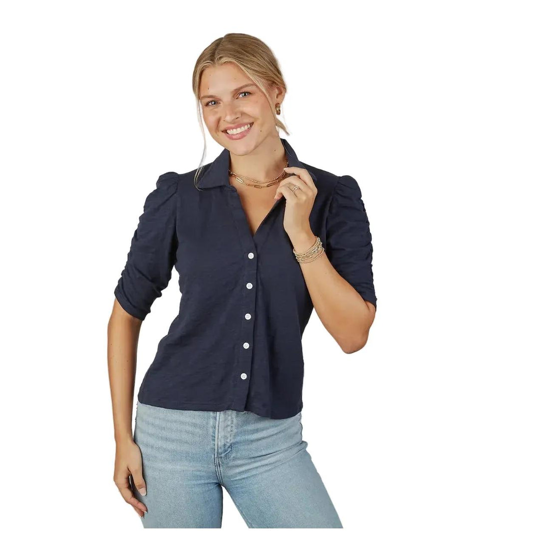 Erin Gray Grace Button-Up Elbow-Length Tee