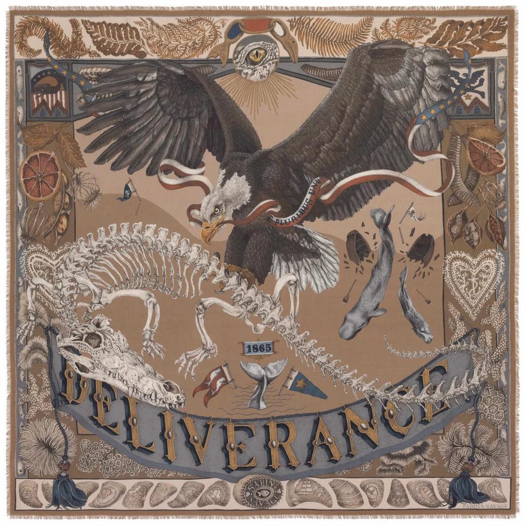 Sabina Savage The Scrimshaw Skeleton Wool/Silk 53" Square Scarf-Women's Accessories-Caramel/Quill-Kevin's Fine Outdoor Gear & Apparel