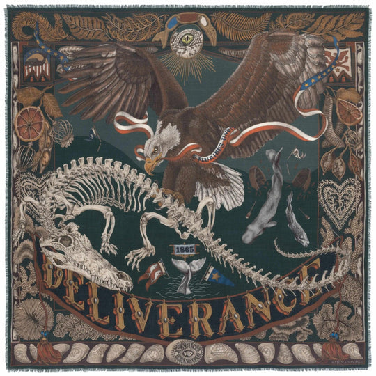 Sabina Savage The Scrimshaw Skeleton Wool/Silk 53" Square Scarf-Women's Accessories-Kelp/Canvas-Kevin's Fine Outdoor Gear & Apparel