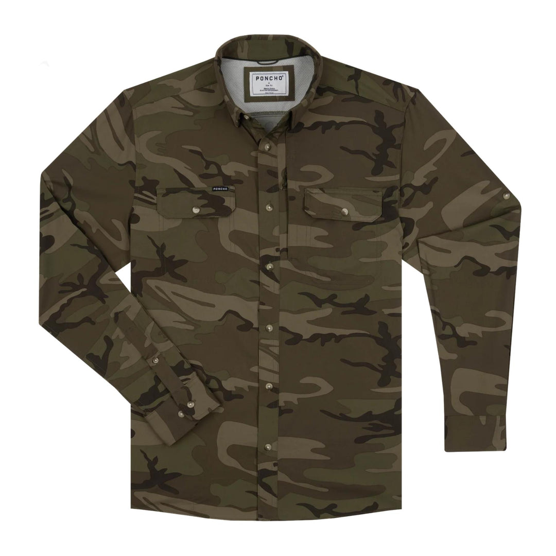 Poncho Torcaza long-sleeve button-down shirt in green camo print with dual magnetic chest pockets and a vented back.
