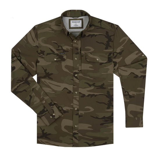 Poncho Torcaza long-sleeve button-down shirt in green camo print with dual magnetic chest pockets and a vented back.