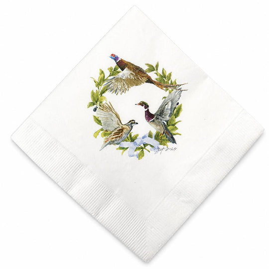 5-inch white 3-ply cocktail napkin featuring a watercolor illustration of three game birds in a leafy wreath.
