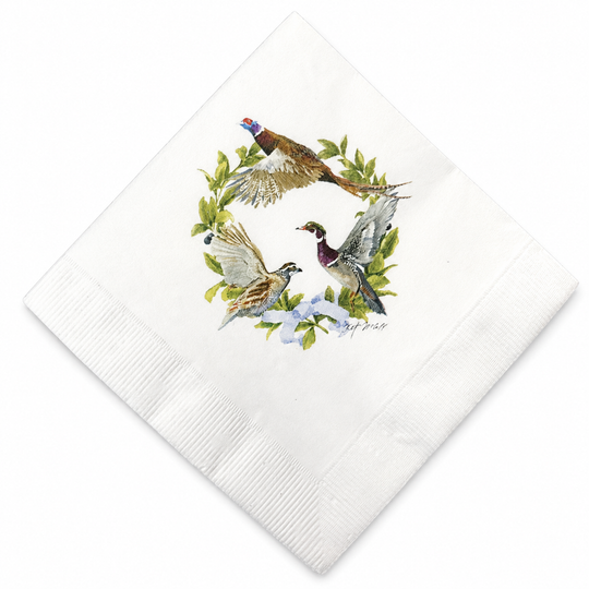 5-inch white 3-ply paper cocktail napkin featuring a decorative wreath of game birds and green foliage.