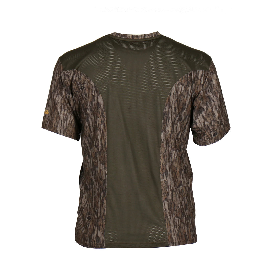 Gamehide Rapid Wick camo t-shirt with olive green mesh back panels for moisture-wicking performance.