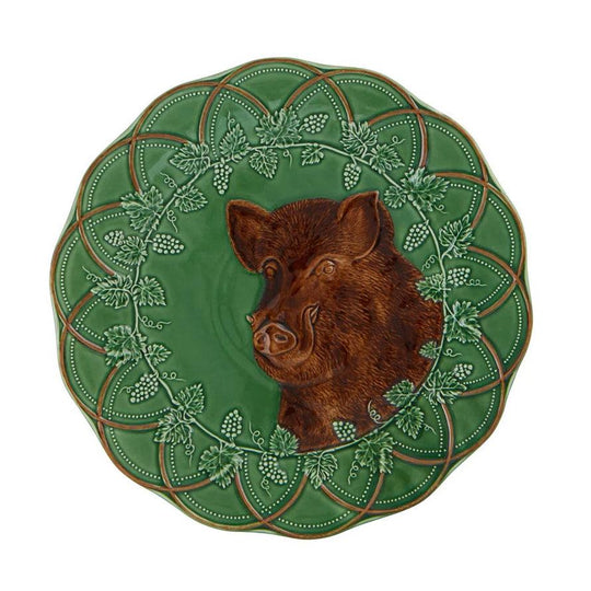 Hand-painted 15-inch green earthenware platter featuring a brown boar surrounded by embossed forest leaves and berries.