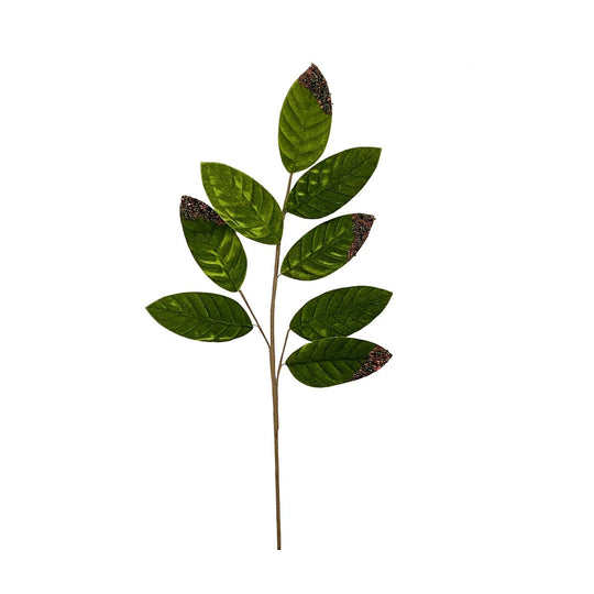 27-inch green polyester leaf pick with realistic texture and festive glitter-tipped edges for holiday decor.