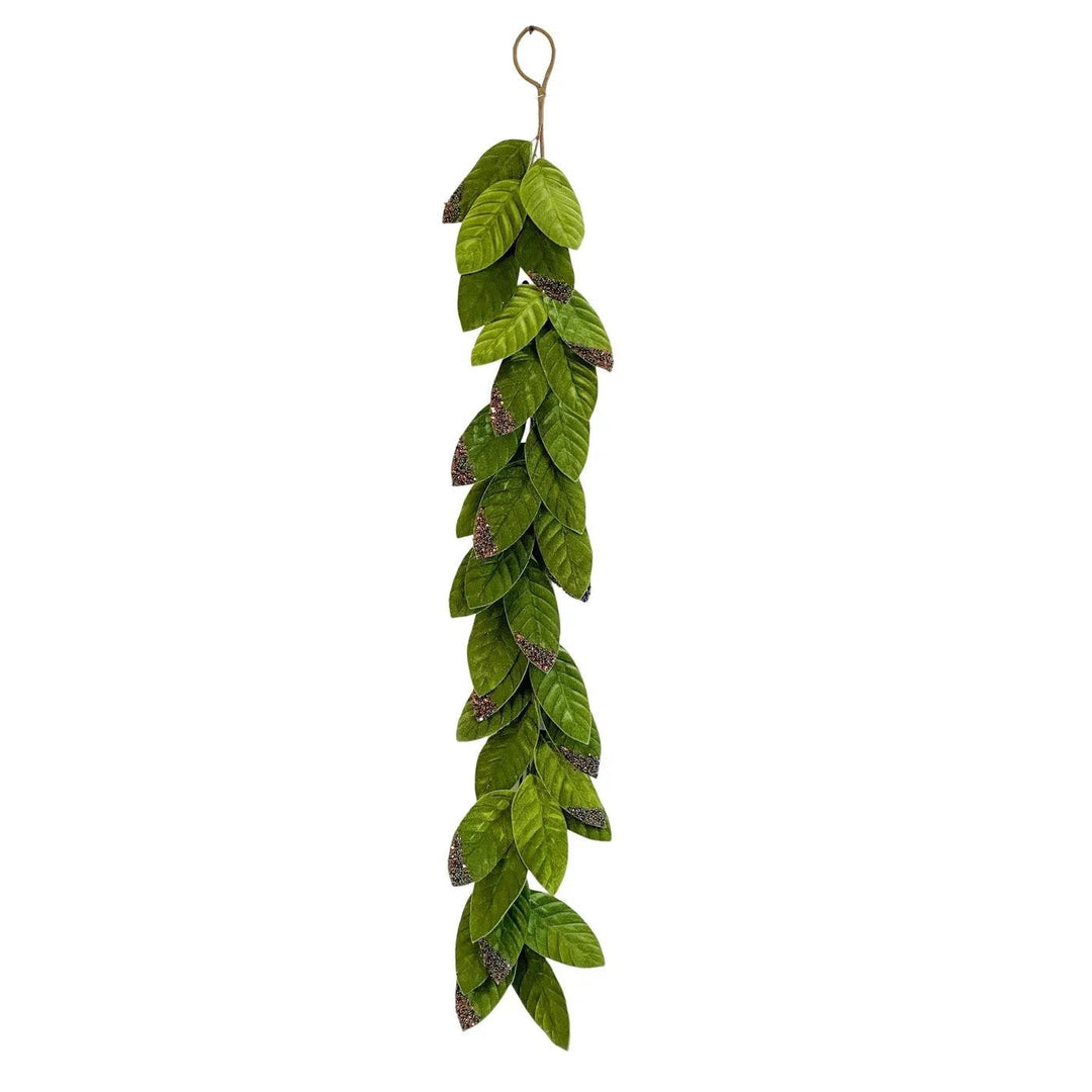 47-inch handcrafted green polyester leaf garland featuring shimmering glitter accents for holiday decor.