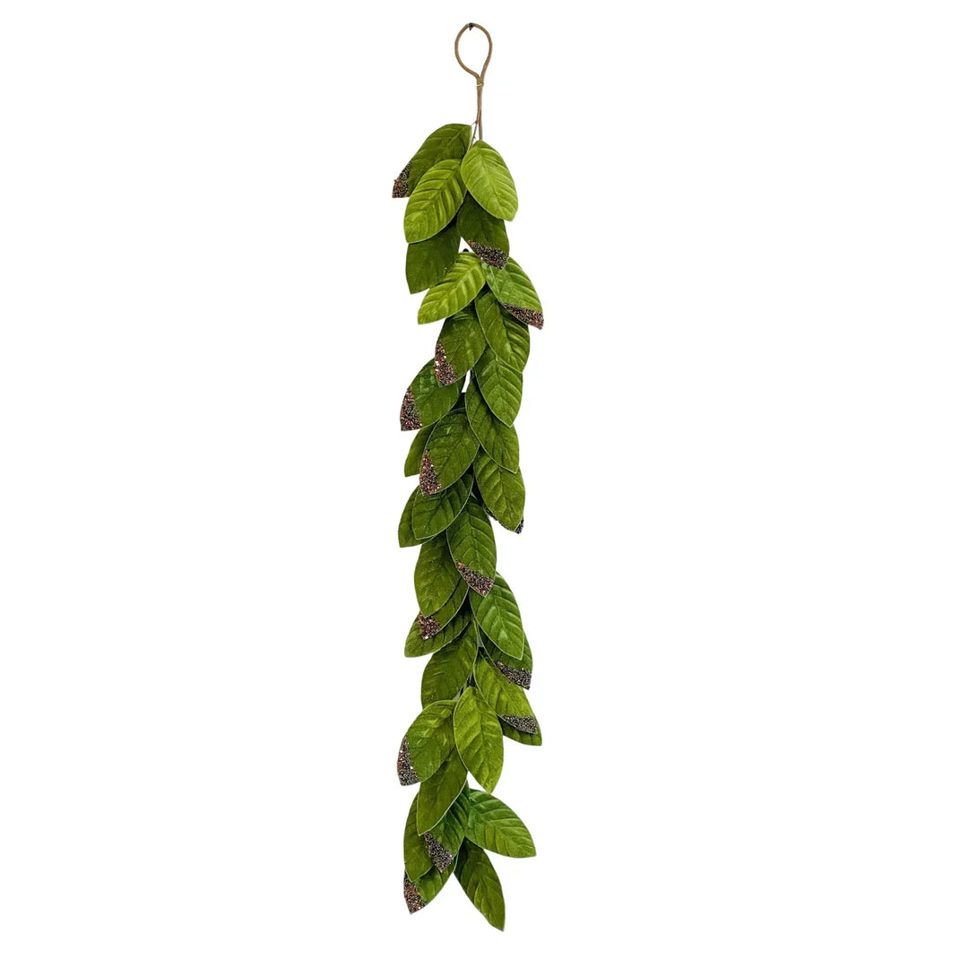 47-inch handcrafted green polyester leaf garland featuring shimmering glitter accents for holiday decor.