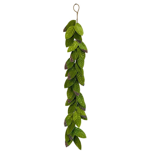 47-inch handcrafted green polyester leaf garland featuring shimmering glitter accents for holiday decor.