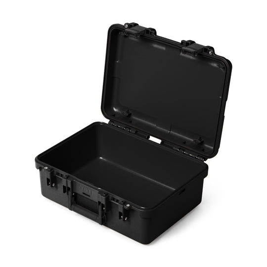A black hard-shell protective storage case with an open lid, shown at a three-quarter angle on a solid white background.