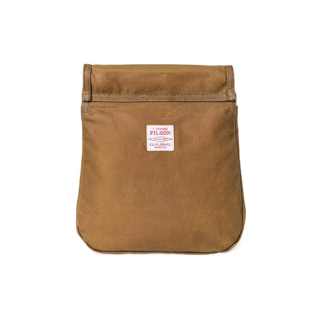 Brown leather bag with a visible brand label on a white background
