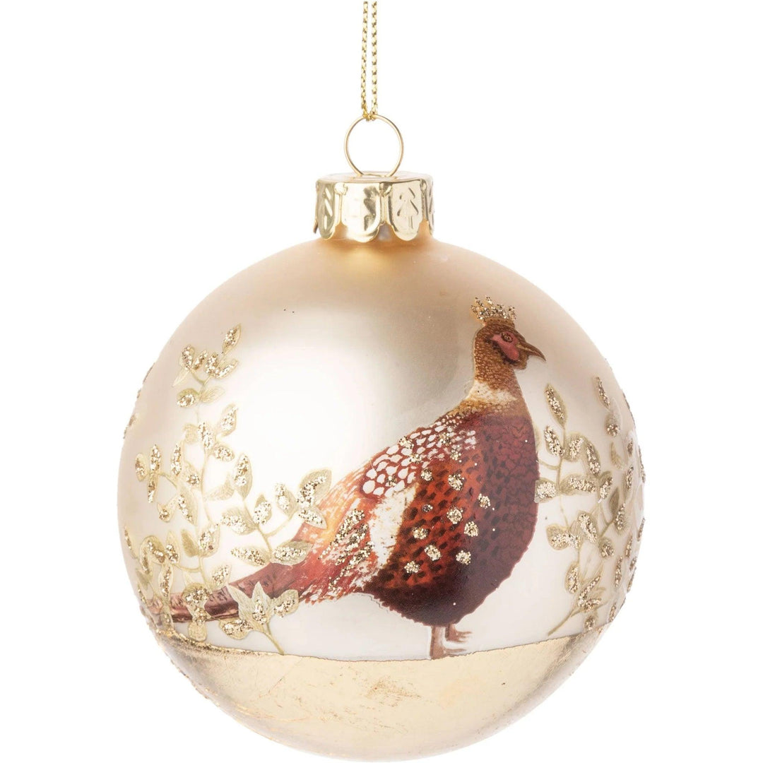 Matte Painted Glass Ball with Partridge and Glittered Gold Leaf Ornament-Home/Giftware-Champagne-Kevin's Fine Outdoor Gear & Apparel