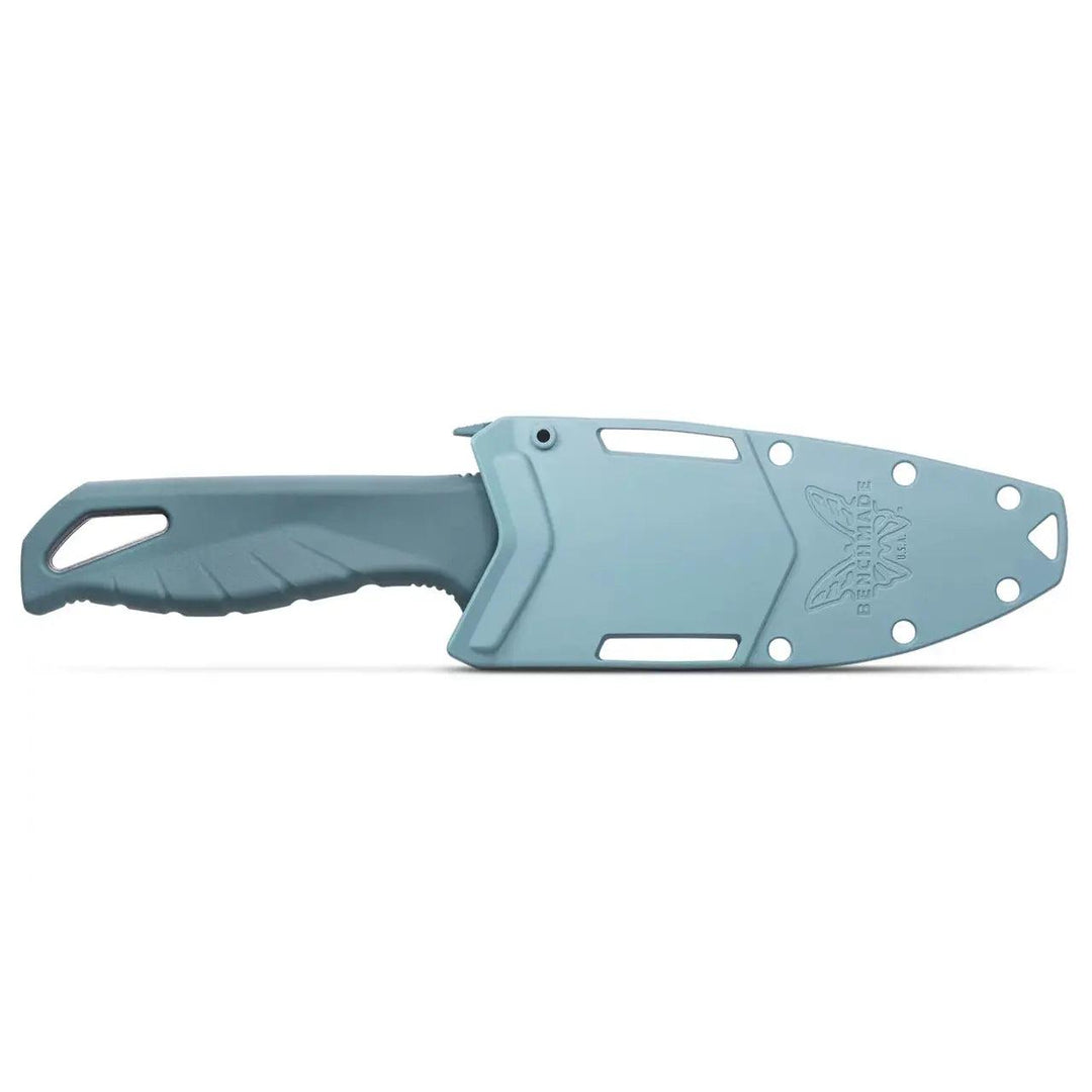 Benchmade Undercurrent fixed blade knife with blue Santoprene handle inside a matching Sonar Gray molded sheath.
