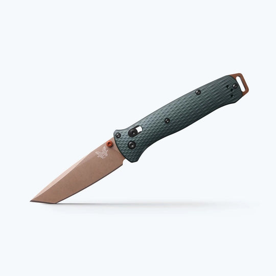 Benchmade Bailout folding knife with a bronze tanto blade, textured green Grivory handle, and aluminum pommel.