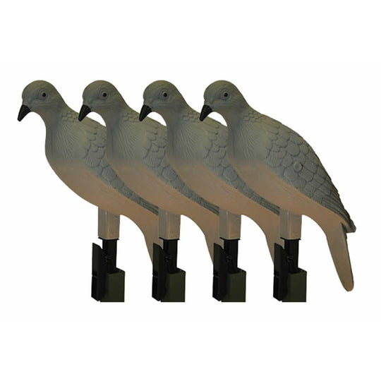 Four realistic gray molded plastic MOJO dove decoys with black clothespin mounting clips for easy attachment.