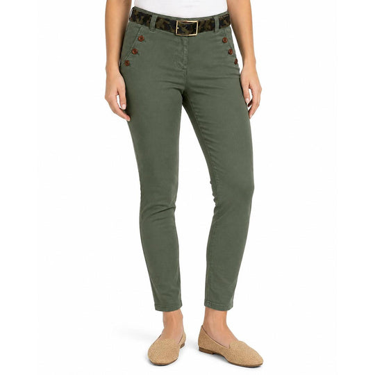 Olive green stretch cotton field pants featuring horn button pocket closures and a slim, tailored fit.