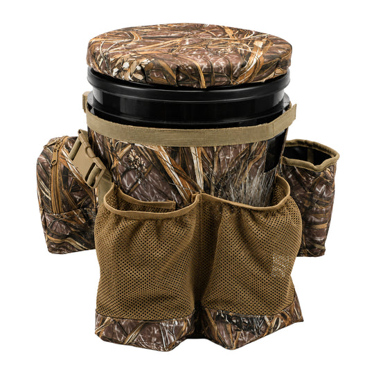 Camo dove hunting bucket with a cushioned swivel seat, multiple mesh storage pouches, and a zippered gear pocket.