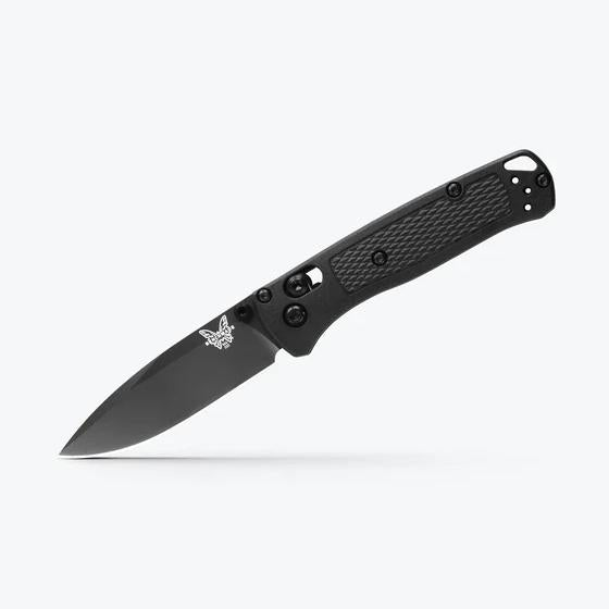 Black folding knife with a visible brand logo on a white background