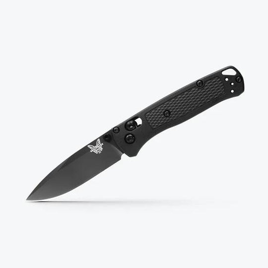 Black folding knife with a visible brand logo on a white background