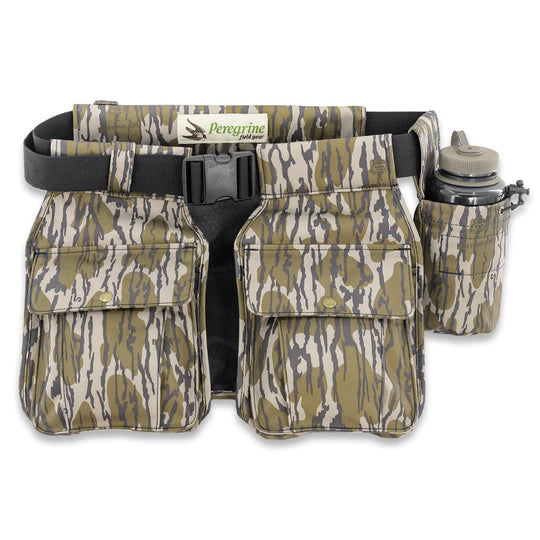 Peregrine camo game belt with divided shell pockets, padded waist strap, and a detachable drink holder with water bottle.