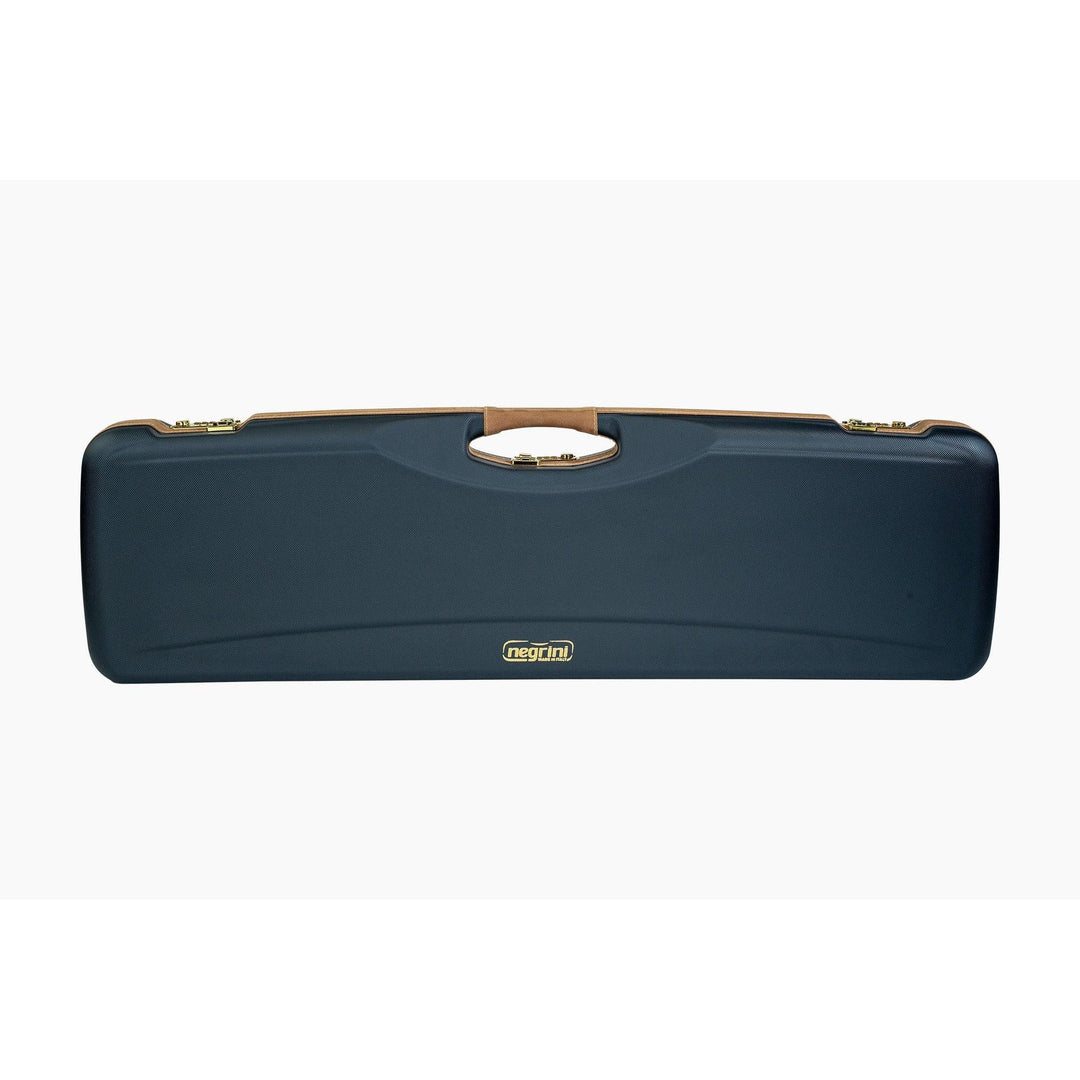 A dark navy blue hard case with a tan handle and gold-tone metal latches, shown against a plain white background.