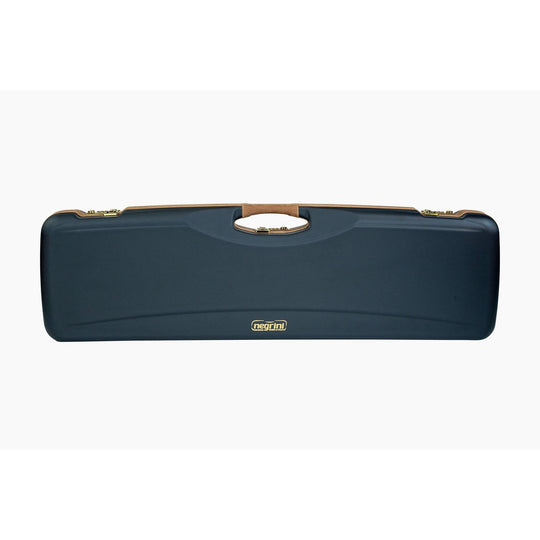 A dark navy blue hard case with a tan handle and gold-tone metal latches, shown against a plain white background.