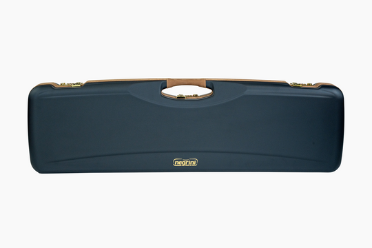 A dark navy blue hard case with a tan handle and gold-tone metal latches, shown against a plain white background.
