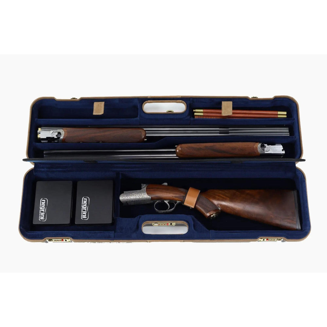 An open blue gun case displaying a shotgun with a brown wood-grain stock and barrel, along with accessories such as cleaning rods and two black boxes labeled 'GUN CARE'.