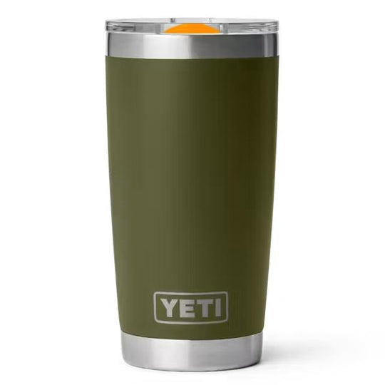 Olive green YETI 20 oz Rambler tumbler with stainless steel base and clear MagSlider lid on a white background.