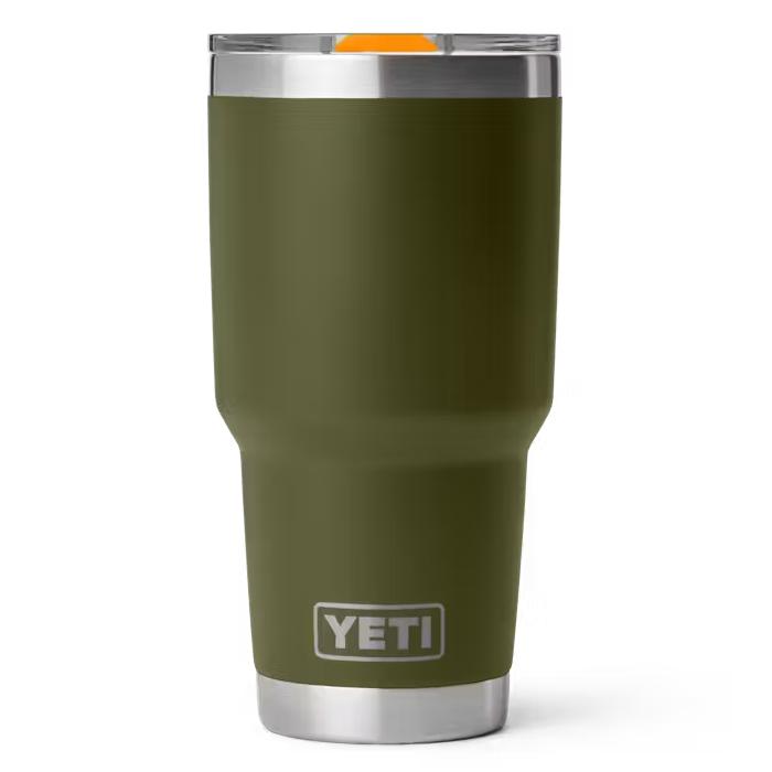 Olive green YETI 30 oz Rambler stainless steel tumbler with a MagSlider lid on a white background.