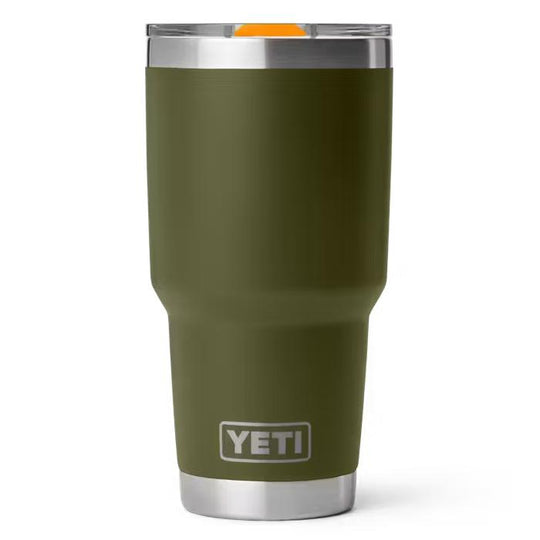 Olive green YETI 30 oz Rambler stainless steel tumbler with a MagSlider lid on a white background.