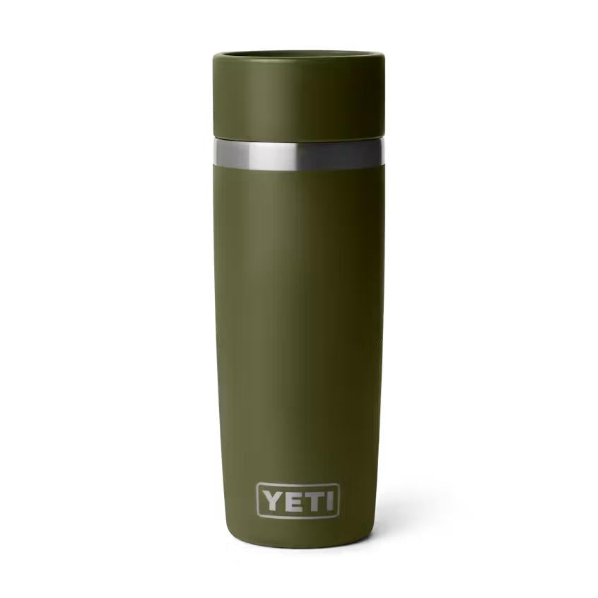 Olive green 16 oz Yeti Rambler travel bottle with a leakproof commuter cap and stainless steel accents.