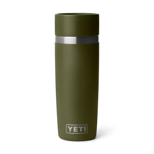 Olive green 16 oz Yeti Rambler travel bottle with a leakproof commuter cap and stainless steel accents.