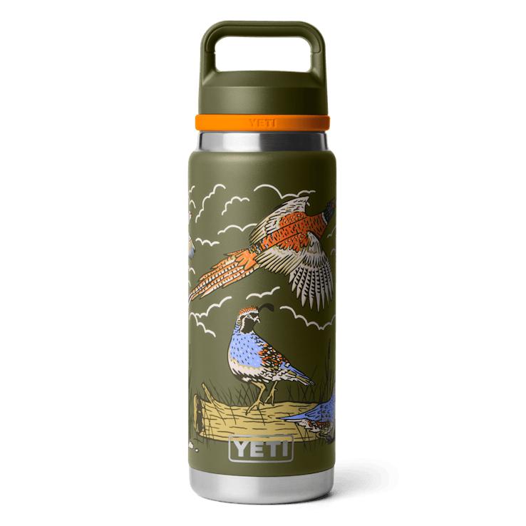 Olive green YETI Rambler 26 oz bottle with Chug Cap and colorful bird and wildlife graphic print.