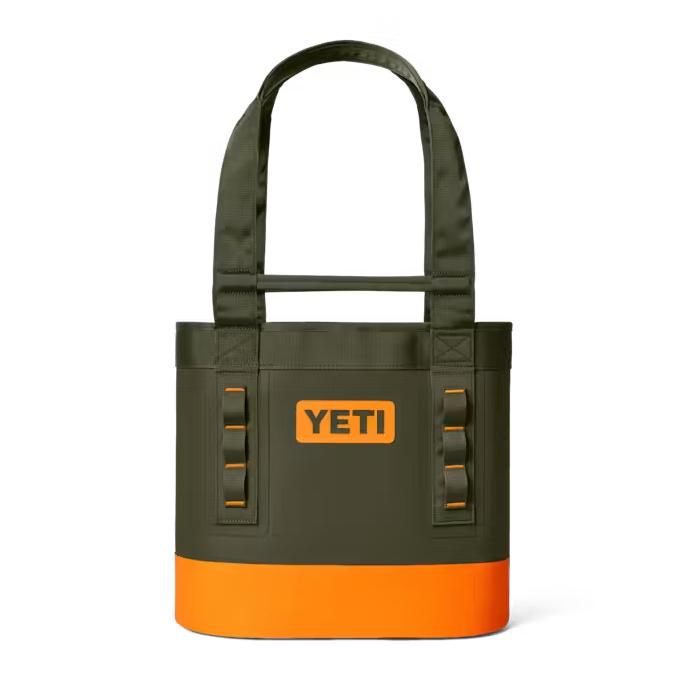 Olive green and bright orange YETI Camino 20 waterproof tote bag with durable handles and gear loops.