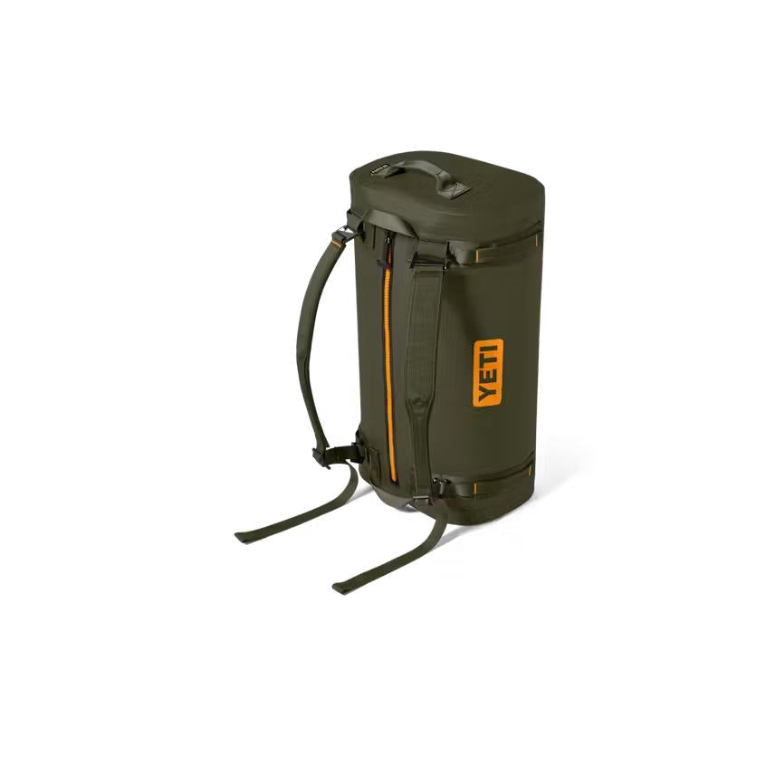 Olive green YETI Panga 50L submersible waterproof duffel bag with orange accents and durable backpack straps.