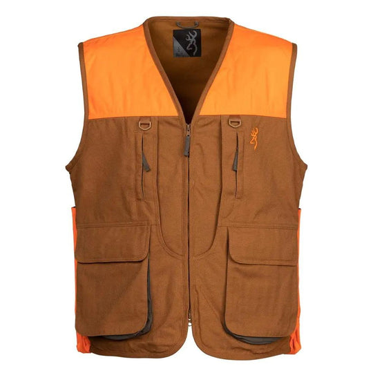 Browning upland canvas hunting vest in brown with blaze orange overlays, front shell pockets, and D-ring attachments.