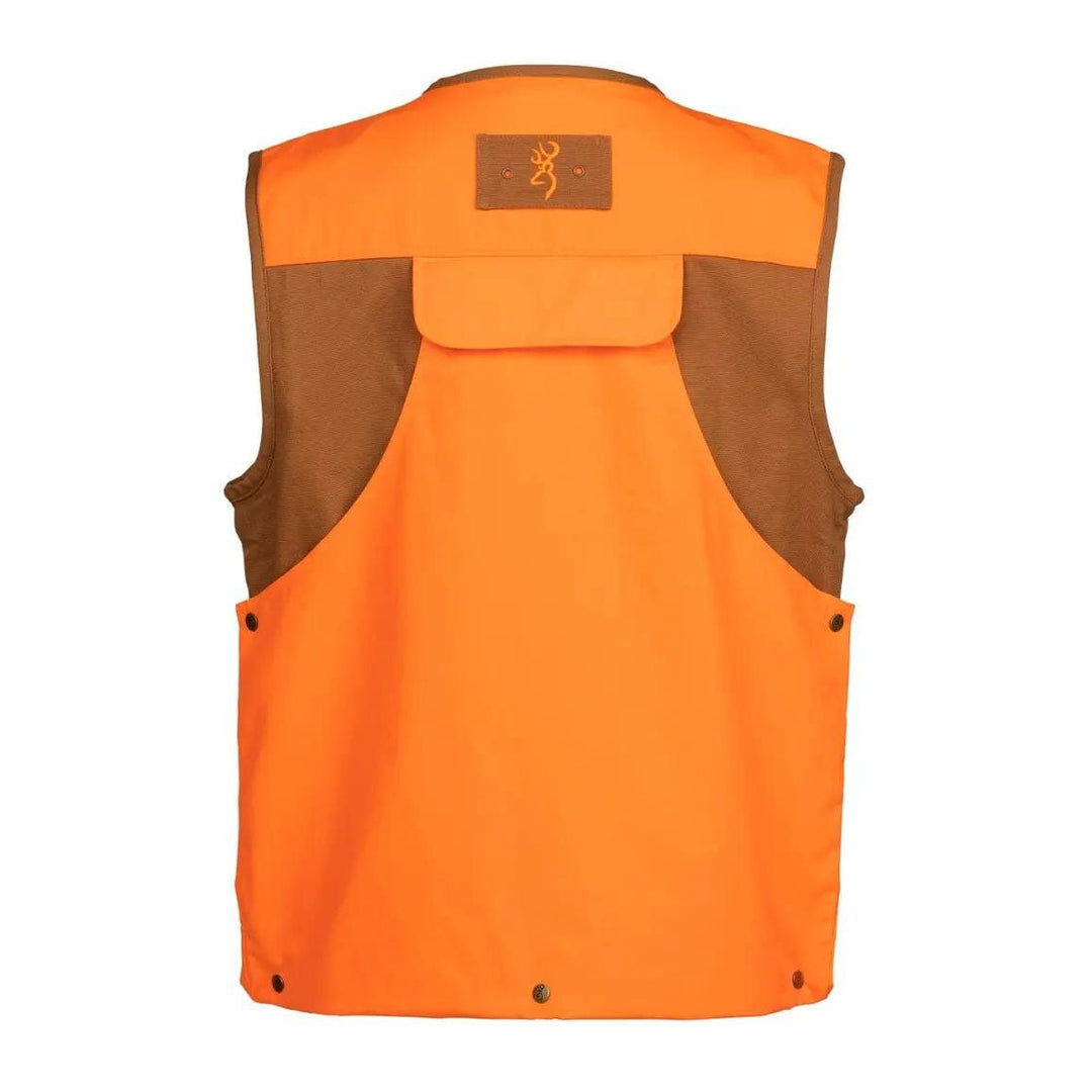 Browning upland canvas vest in brown and blaze orange with a rear game bag and embroidered logo patch.